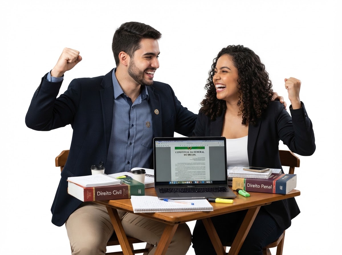 Estudantes de Direito comemorando o resultado do simulado